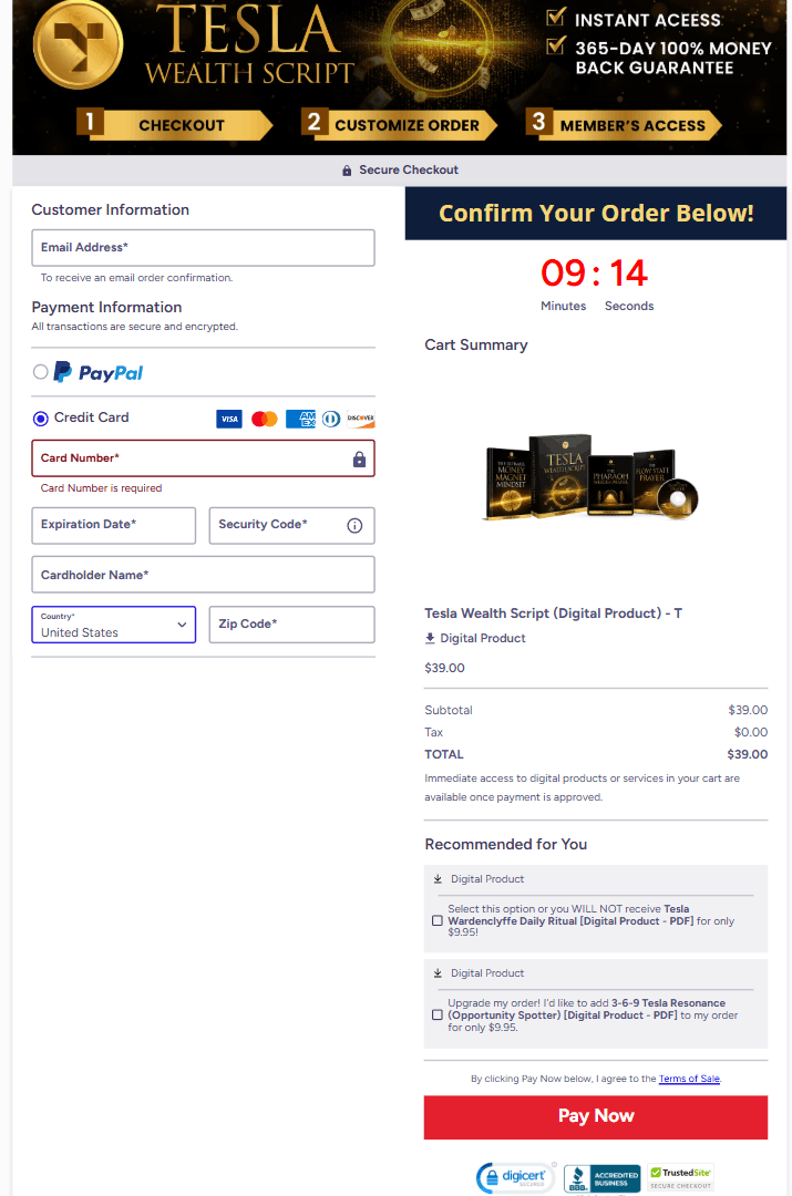 Tesla Wealth Script order page